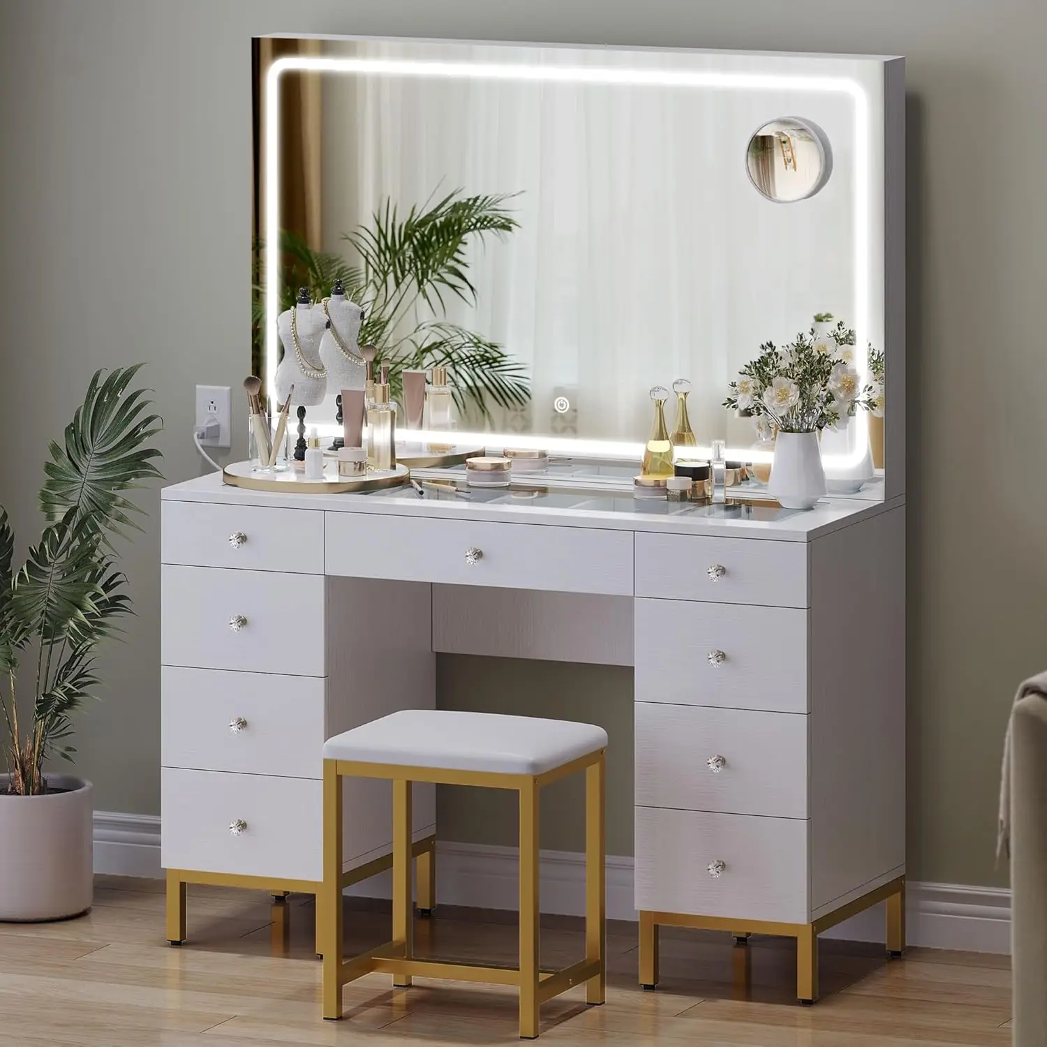 Vanity Desk Set, with Large LED Lighted Mirror Magnifying Glass & Power Outlet, 9 Drawers Makeup Vanities Dressing Table