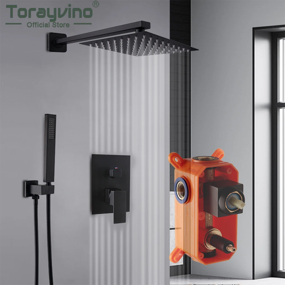 

Torayvino Black Bathroom Shower Faucet Wall Mounted Concealed Showers System Set 8 Inch Rainfall Mixer Water Tap W/ Hand Sprayer