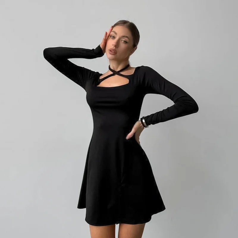 

Autumn Winter Black Sexy Slim Fit Knitted Square Neck Design Tie Dress Commuter Slit Short Dress