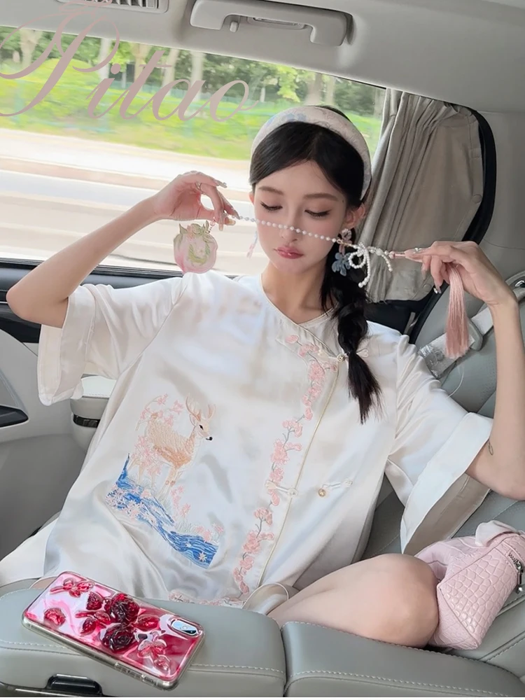 

PITAO Original【Forest Deer】irt f Skirt Chinese Sle Summer Elegance Women's Faion Set ort Sve Button up
