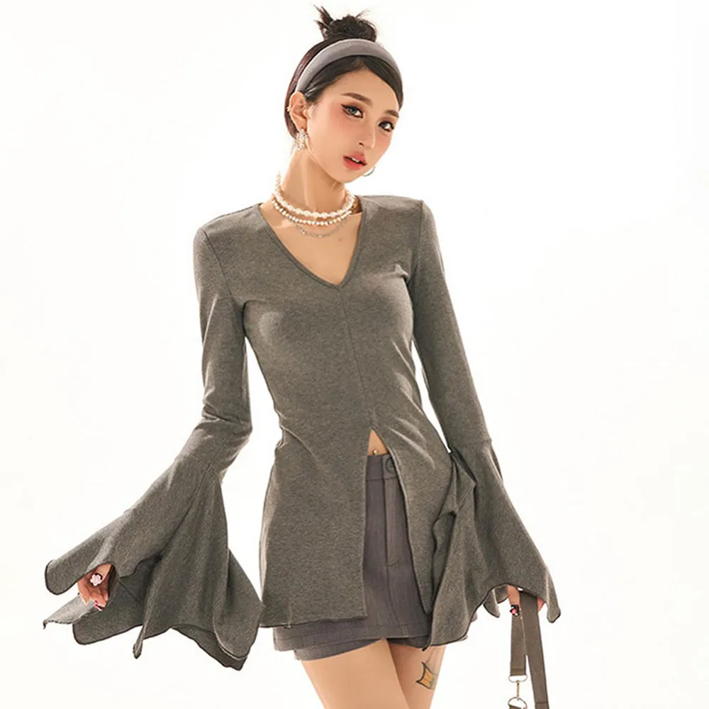 Solid Casual Women's Long Sleeved T-Shirt 2025 New Spring Autumn Versatile  V-Neck Pullover Spicy Girl's Sexy High Fork Tops