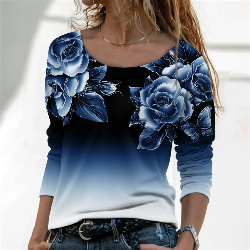 Purple Rose Flower Print Shirts For Women 2023 New Spring Blouses Fashion Gradient Long Sleeve Loose Shirts Femme Casual Tops