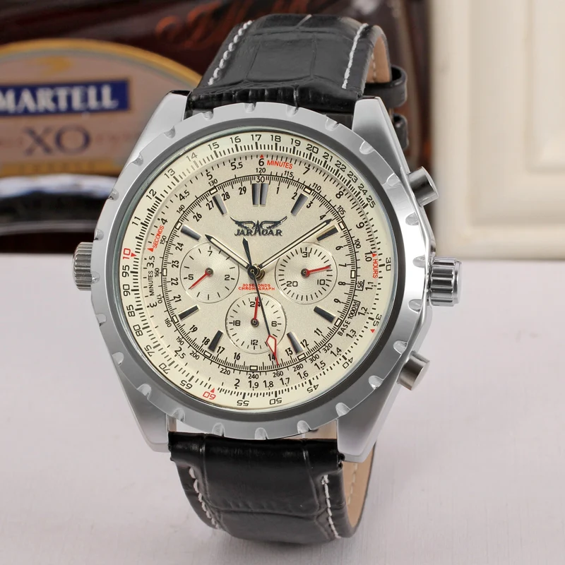 

JARAGAR Роскошные бренды Реплика Деловые мужские часы Многофункциональные стрелки Автоматический механизм Механические мужские наручные часы Кожаные