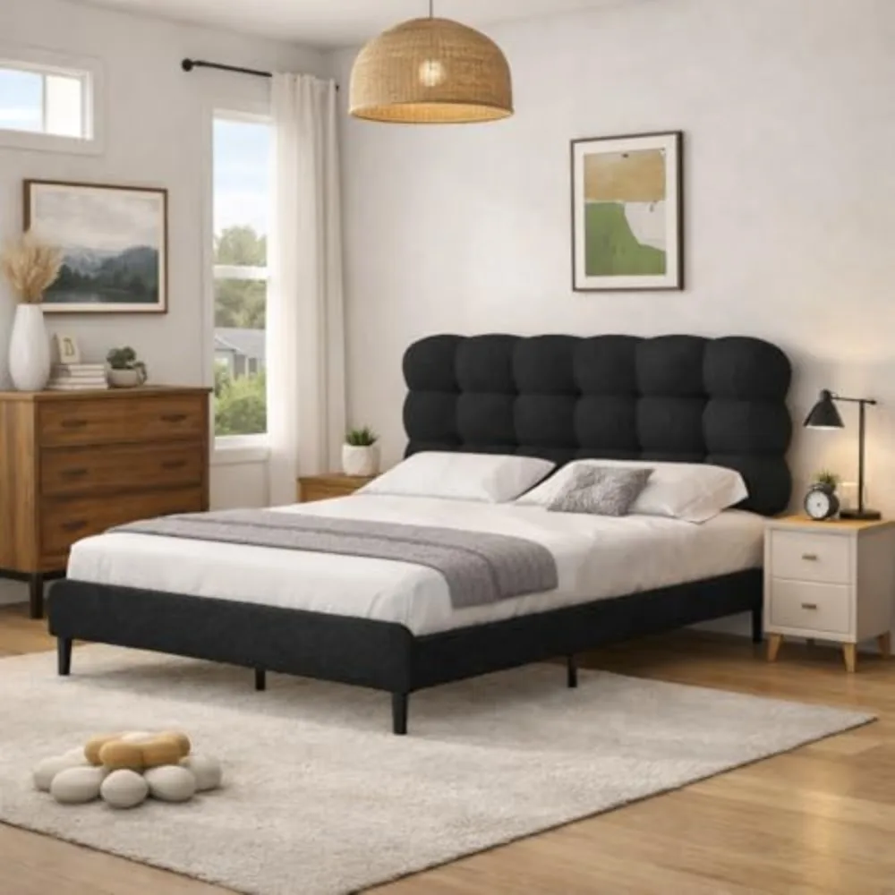 Queen Bed Frame, Soft Teddy Cloud Boucle Headboard, Black | Removable Headboard, Fan-Shaped Stitching, Sturdy Metal