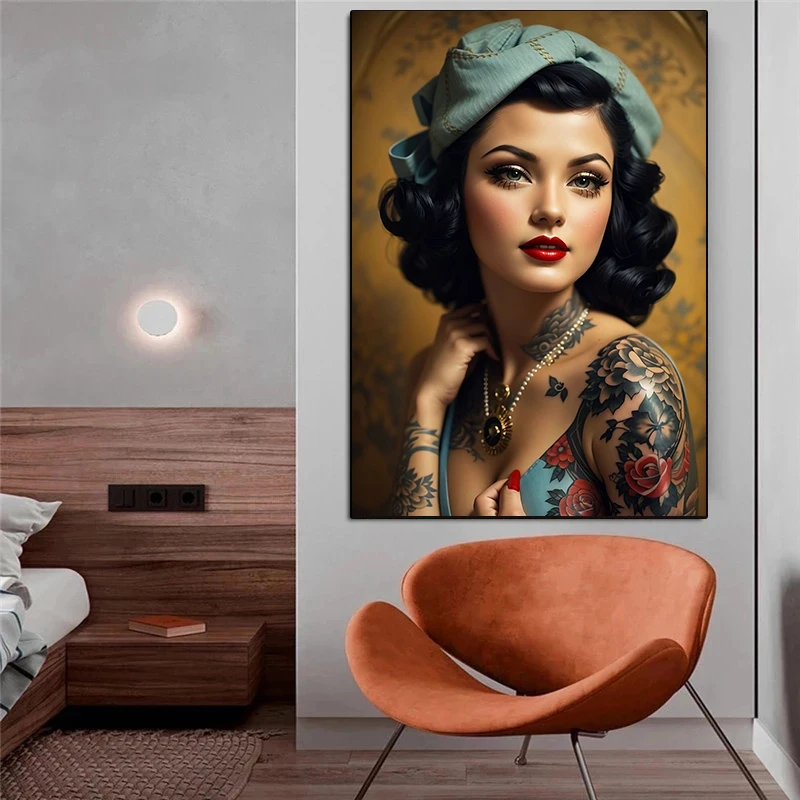 Retro Pictorial Daily Girl Poster Vintage Beauty Portrait Wall Art Tattoo Sexy Female Canvas Painting Home Living Room Decor