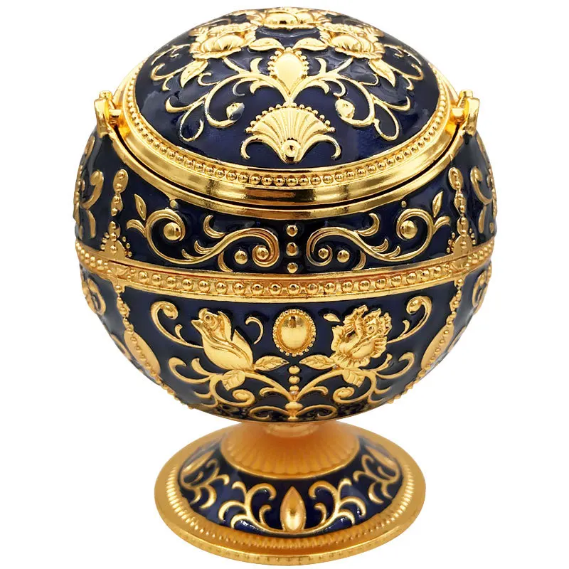 NEW Windproof Ash Tray Vintage Zinc Alloy Flower Pattern Globe Cigarette Ashtray Lid Tabletop Portable Home Decor Ashtrays