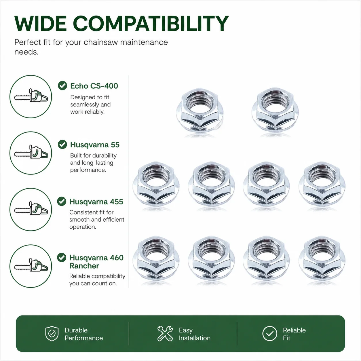 Bar Nuts Kit 10Pcs For Husqvarna 55 455 460 Rancher Echo CS-400 Chainsaw Flange Screw Replacement Saw Parts Accessories