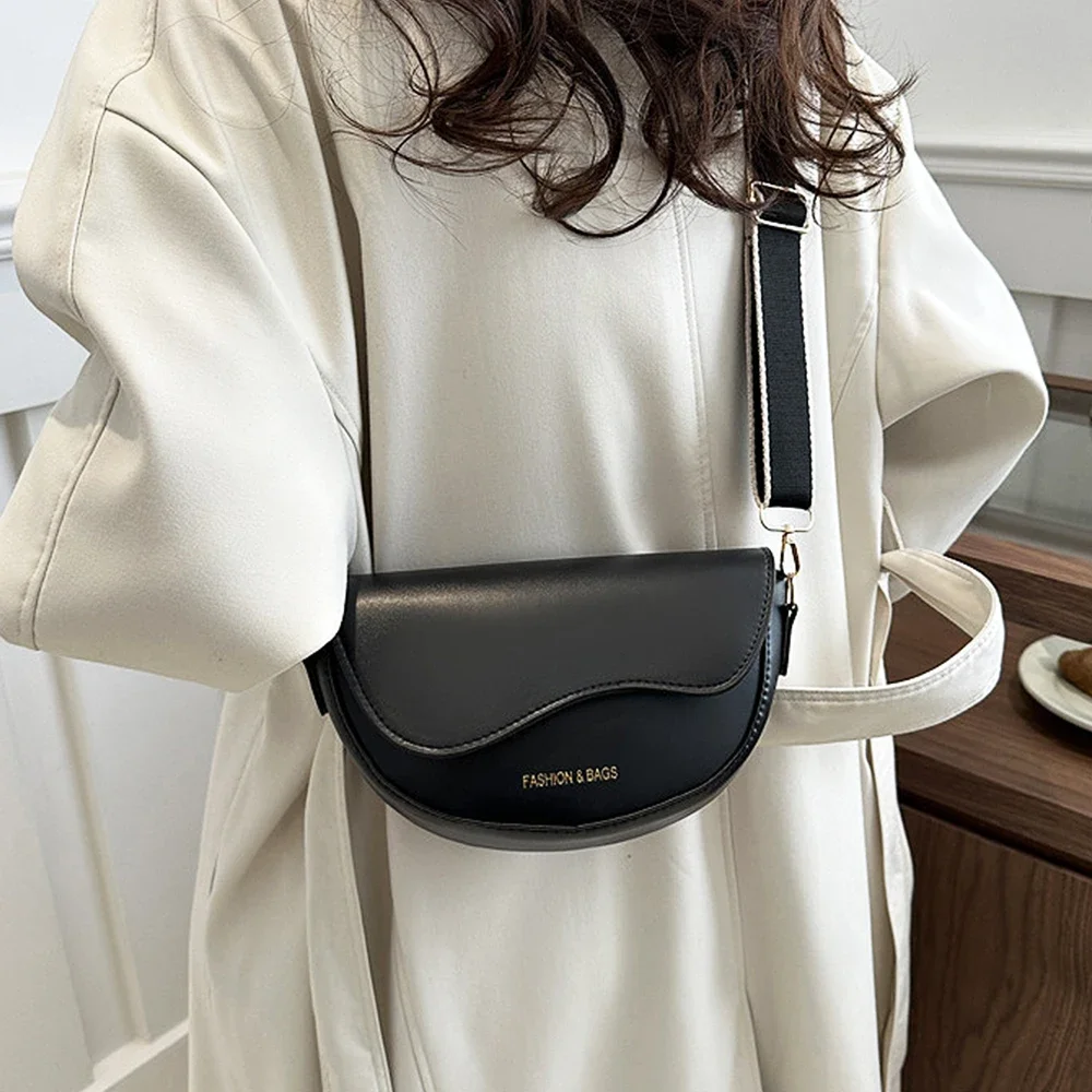 Women Vintage Solid Color Flap Small Saddle Shoulder Underarm Bag Fashion PU Leather Wide Strap Crossbody Bag 01 image 5