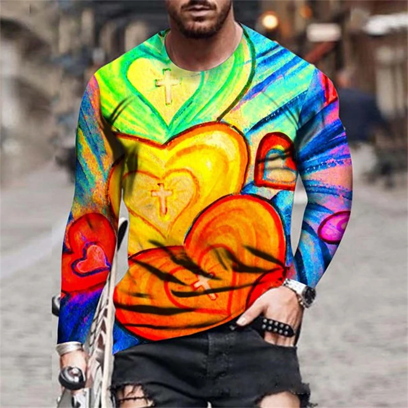 

Heart T Shirt For Men Tops 3d Heart-shaped Print Fashion Hip Hop Long Sleeve Mens T Shirts Clothing Street Man Comfortable Tops