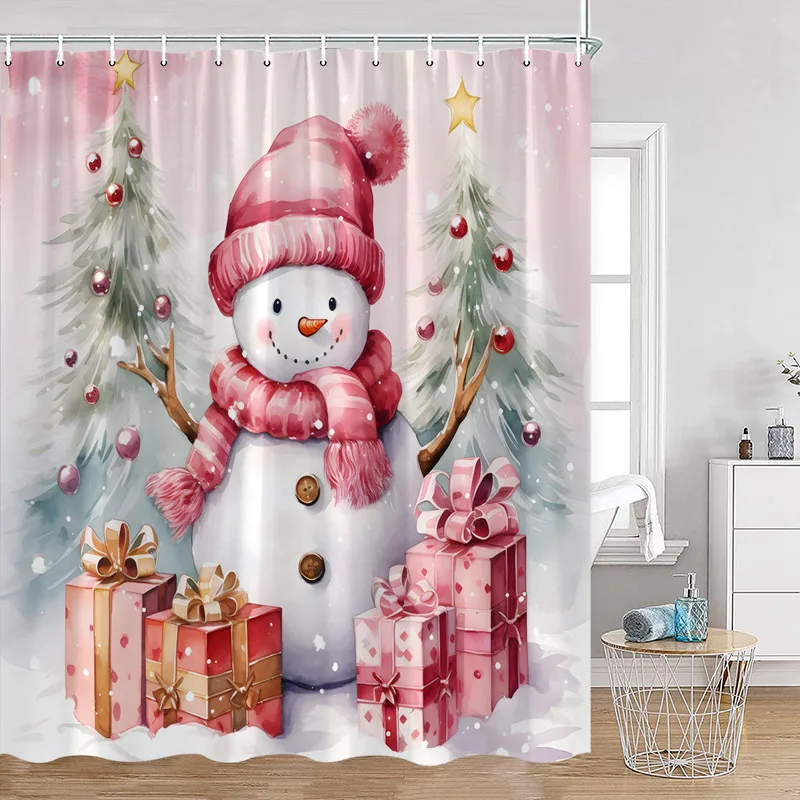 Cute Pink Snowman Shower Curtain Winter Forest Xmas Tree Gift Christmas Home Bathroom Decor Polyester Bath Curtains with Hooks