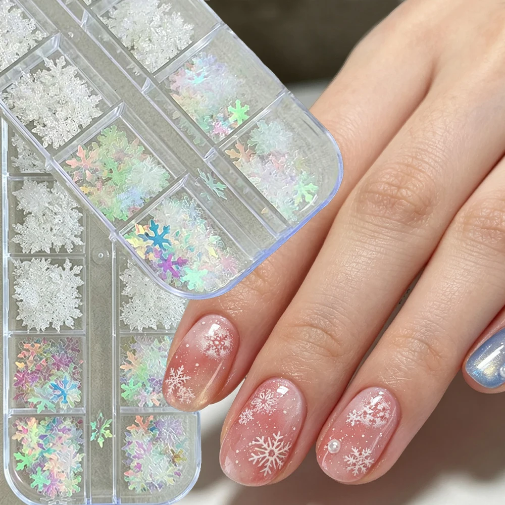 12Grids Laser White Glitter Snowflake Nail Sequins Iridescent Transparency Snowflake Christmas Nail Flakes Shiny Nail Decoration
