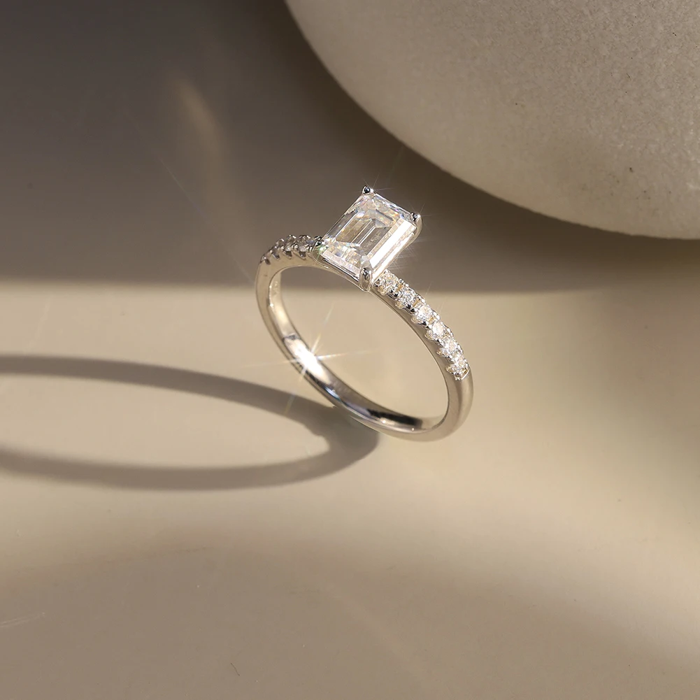 Emerald Cut 925 Sterling Silver Rhodium Plated Adjustable Moissanite Ring For Women Wedding Jewerly