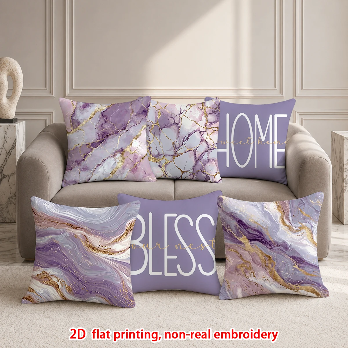 6pcs Set of 6 Purple Marble Gold Foil Print Throw Pillow Covers Home Sweet Home Bless Decorative Cushion Cases for Sofa Bedroom