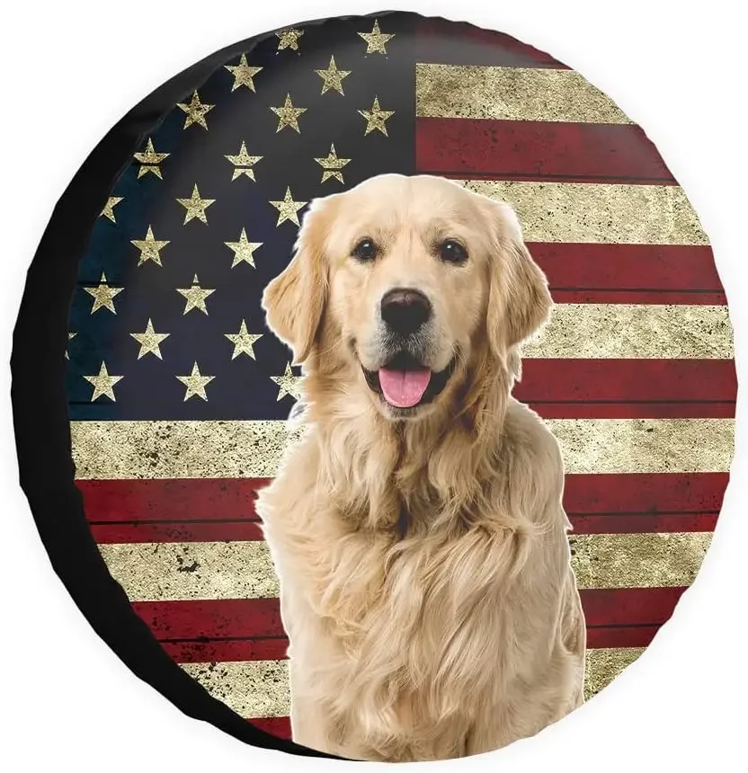 American Flag Dog Faithful Golden Spare Tire Cover Wheel Protectors Water Dustproof Fit for RV SUV Truck Camper Travel Camping