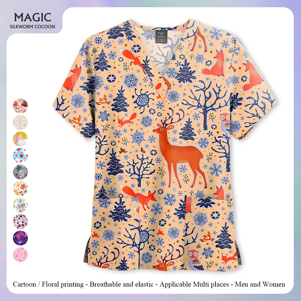 

Surgical Uniforms Women Scrub V-Neck Short Sleeve Spa Tops Women's Medical Uniforms Cute Cartoon Print Pet Vet Clinical Uniforms