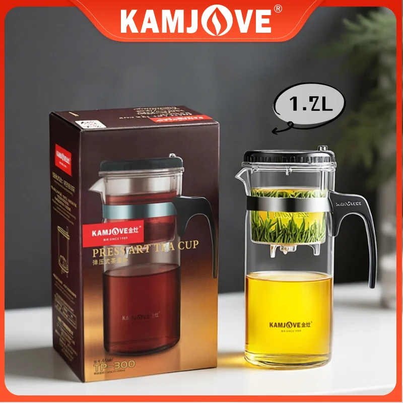 KAMJOVE Tea Cup Filter Tea Pot 1200ml Capacity Press AUTO-OPEN Teapot Infuser Separation Kettle Heat-resistant Glass Tea Set Cup