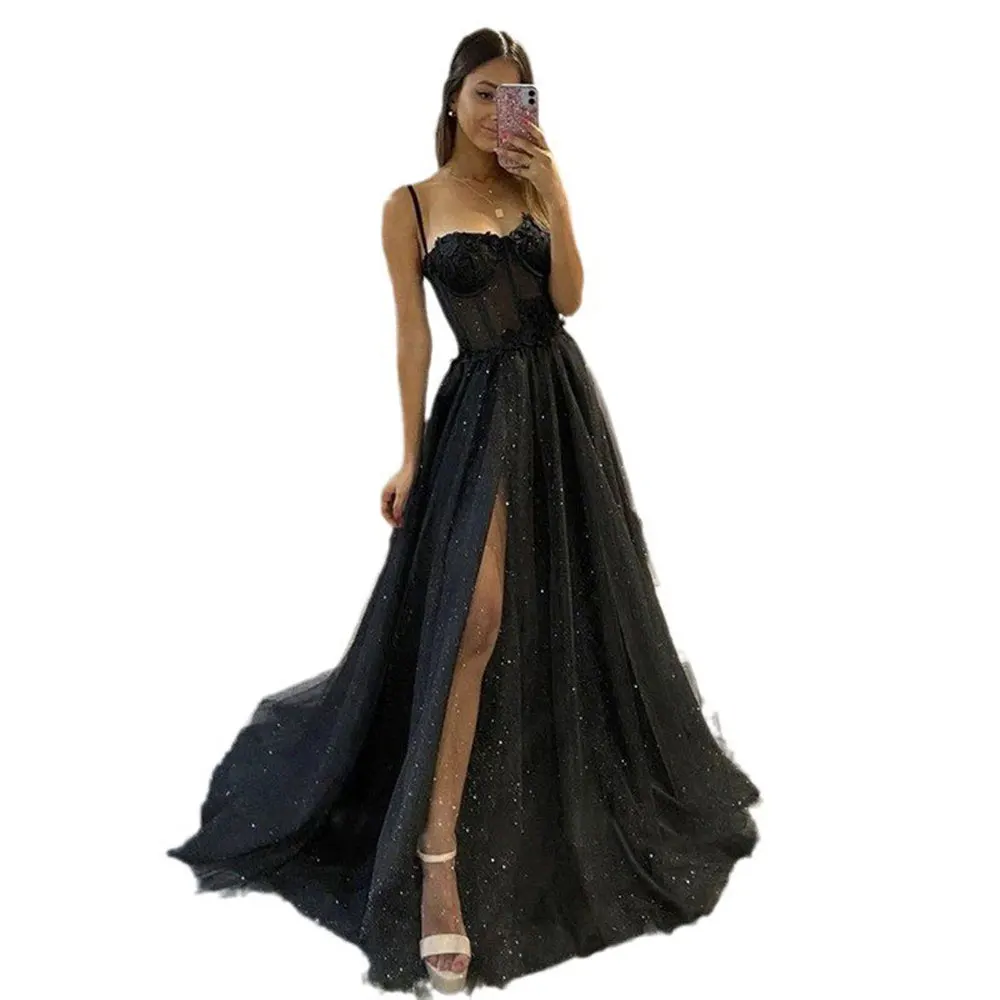 Customized Lace Tulle Evening Dresses Spaghetti Straps Sexy High Slit Long Formal Gowns Vestidos De Noche Largos Elegantes