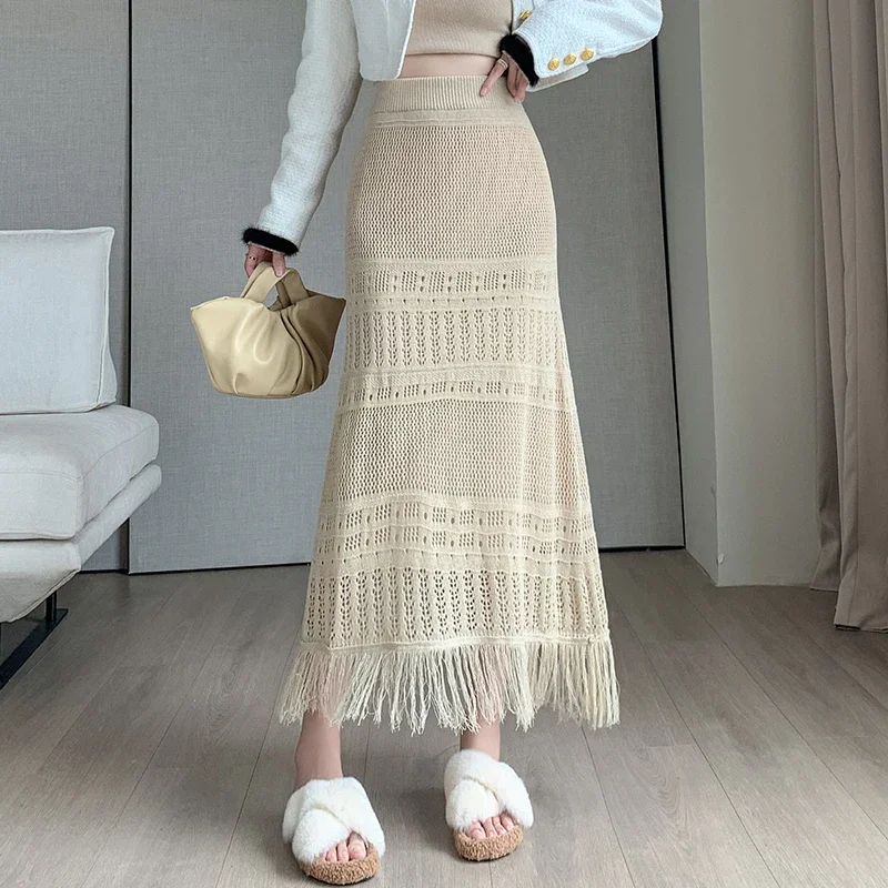 Tassel Knitted Skirt Spring Autumn Korean Fashion High Waist A-line Skirt Long Maxi Skirt Slim Fit Streetwear