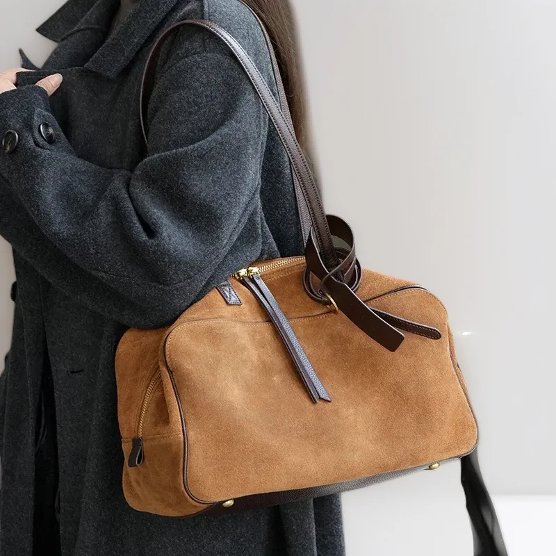 

Women's Genuine Cowhide Leather Tote Bag Large Capacity Handbags Suede Trim Designer Shoulder Purse for Commuting Travel