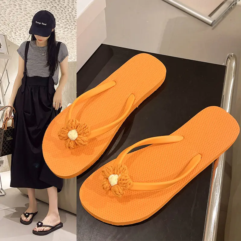 

Милые женские шлепанцы с 3D-цветами, летние пляжные тапочки 2026 года, оранжевые, красивые, нескользящие, для дома и улицы