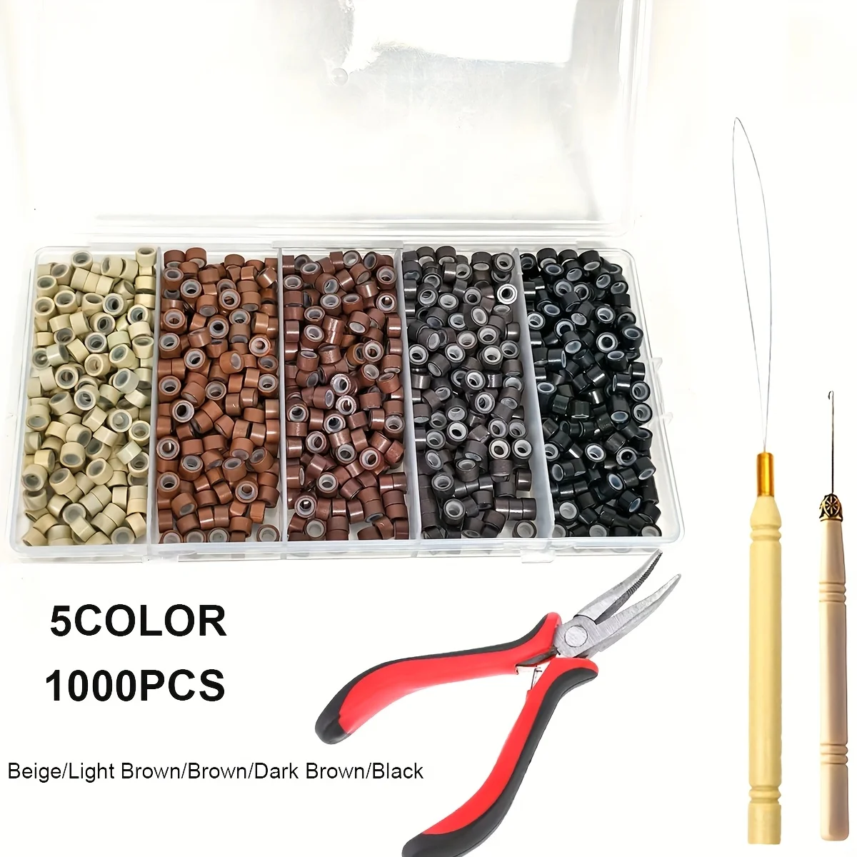 

1000Pcs Micro Silicone Hair Rings Set with 5 Colors Beads Extensions Pliers &Crochet Hooks Hair Feather Extensions Tool forWomen