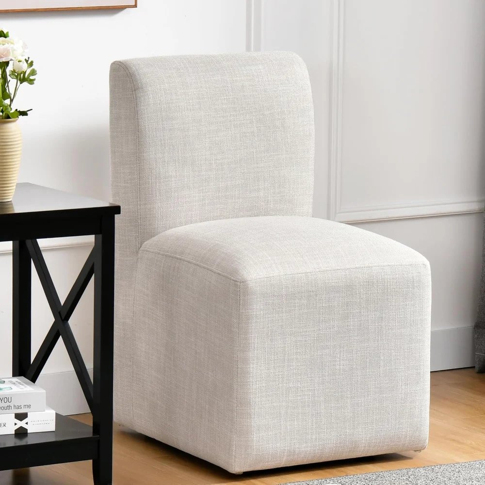 

Upholstered Dining Chair with Casters,Armless Modern Rolling Linen Dining Chairs with Wheels for Dining Room