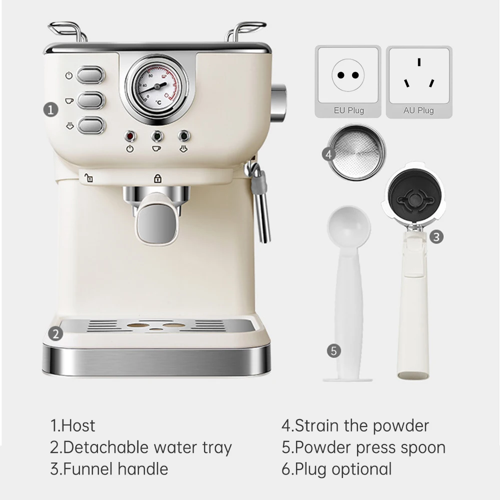 Kaffeemaschine 20 Bar Espressomaschine aus Edelstahl mit Milchaufschäumer Dampfstab 2 in 1 1050 W Halbautomatischer Cappuccino Latte M – Detail 7