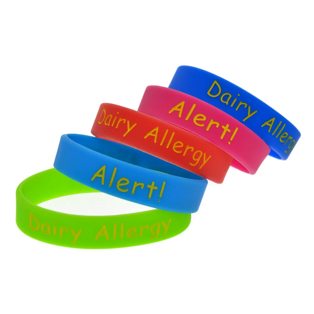 50 Pcs Alert Dairy Allergy Silicone Rubber Wristband Medical Bracelet Kids Size 5 Colors