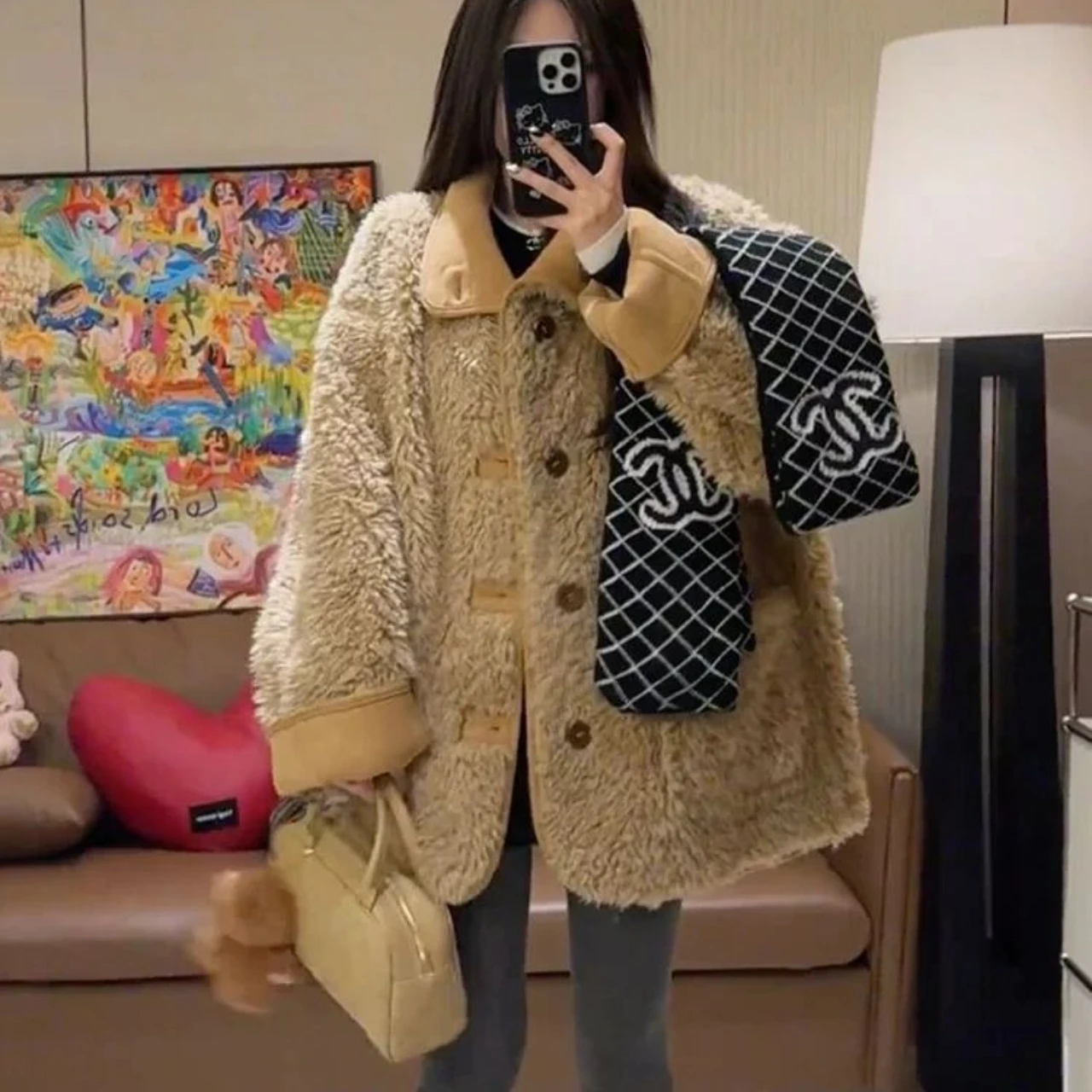 Chaqueta corta holgada de piel sintética para mujer, abrigo de felpa de piel de cuero bidireccional, chaquetas peludas elegantes de un solo pecho, Top cálido y esponjoso para invierno