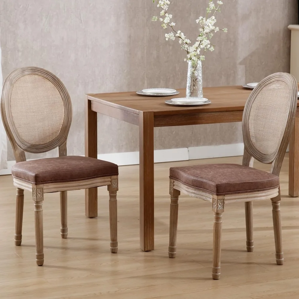 

Dining Room Chairs PU Leather French Chairs with Rattan Round Back for Living Room Kitchen Farmhouse Chairs,Brown-Set of 2