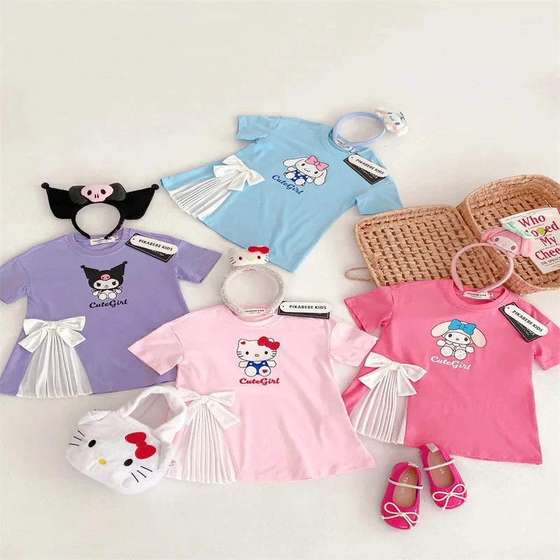 Anime Sanrioed Hello Kittys My Melody Girls Summer Dress Kuromi Cinnamoroll Pleated Bow Knot T-Shirt Skirt Girl Clothes Vestidos