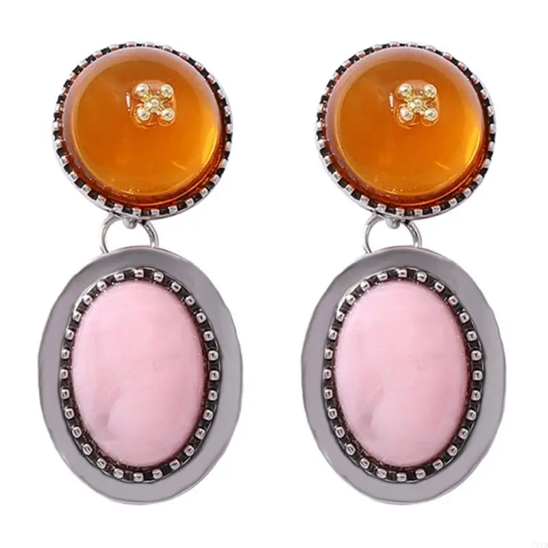  Daily Wear Drop Earrings with Retro Pink Oval and Amber Top Detail