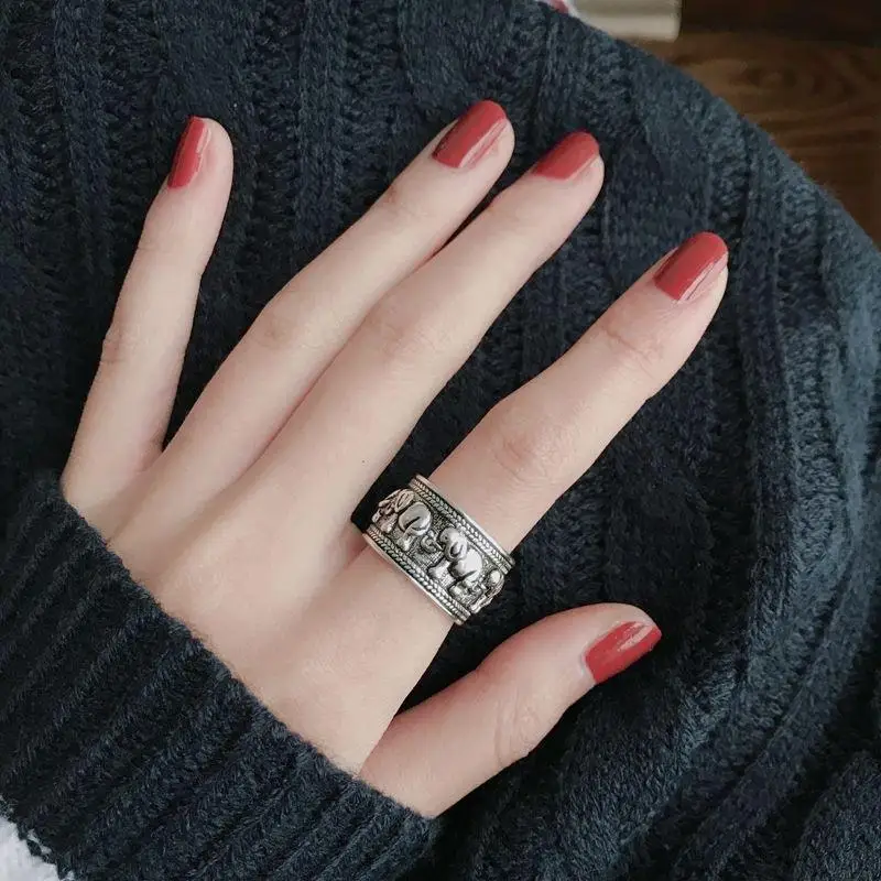 Retro Elephant Wide Ring For Women Men Silver Color Vintage Ethnic Style Open Ring Punk Gothic Accessories Designer Jewelry Gift