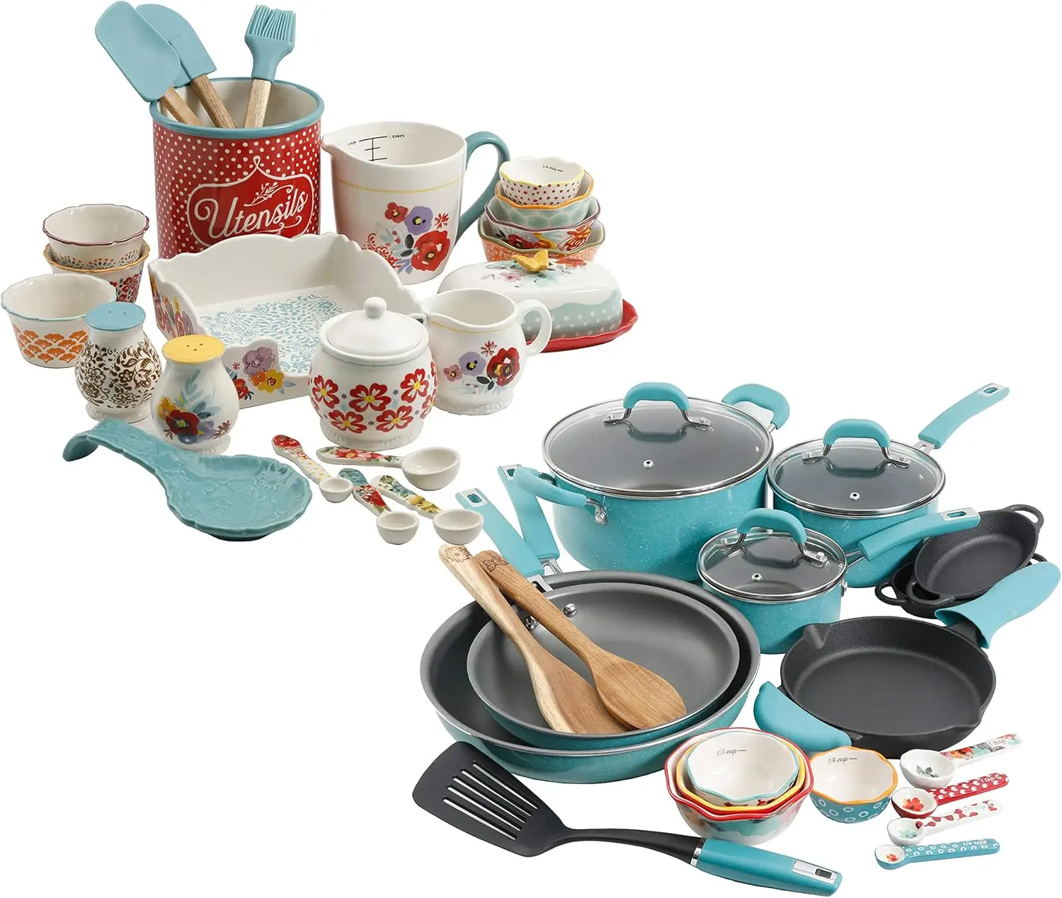 

Vintage Speckle 24-Piece Cookware Combo Set in Turquoise bundle with Copper Charm Stainless Steel Copper Bottom Cookware Set, 10