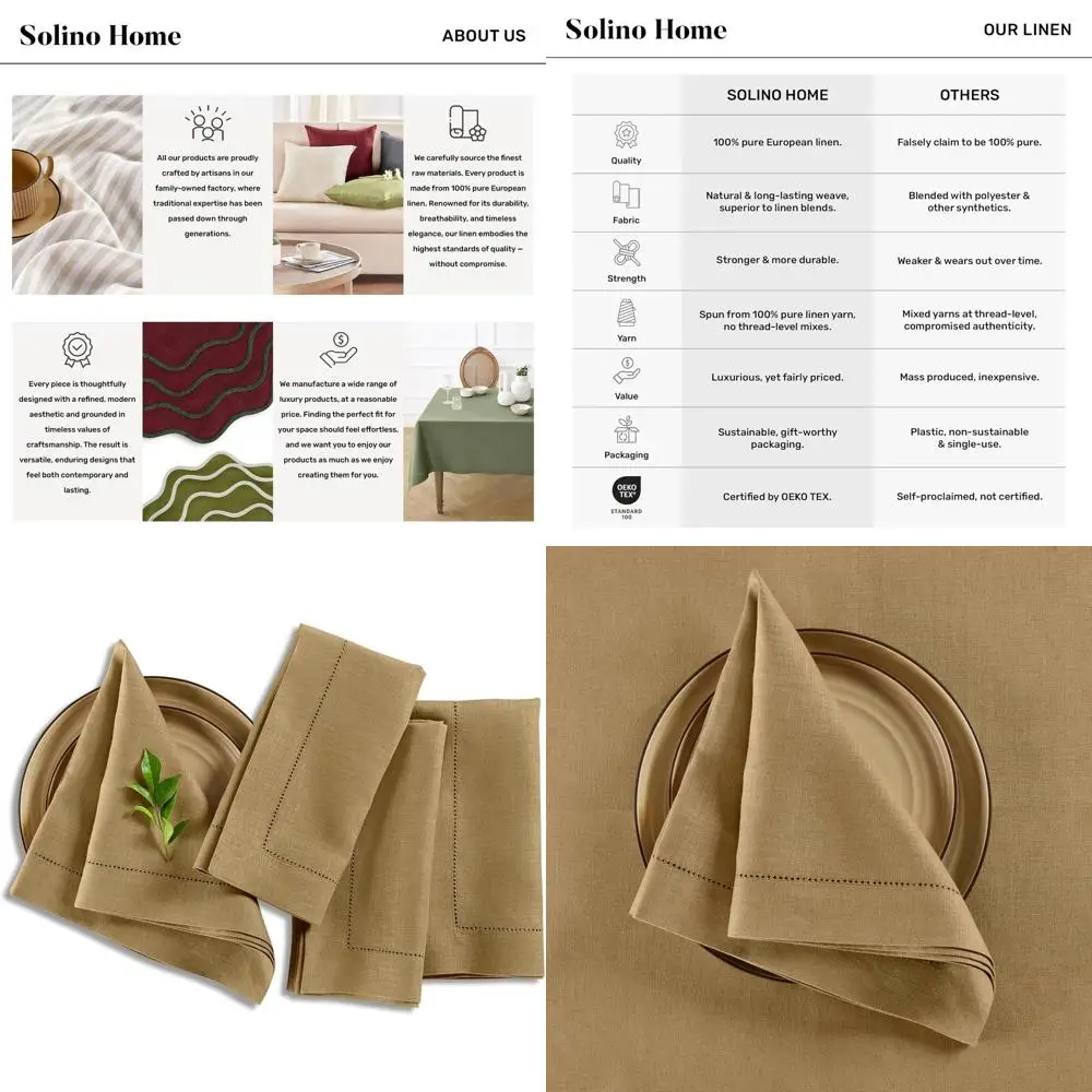 

Набор из 4 льняных салфеток средней плотности с вышивкой, 20x20 дюймов, ручной работы, пригодные для стирки