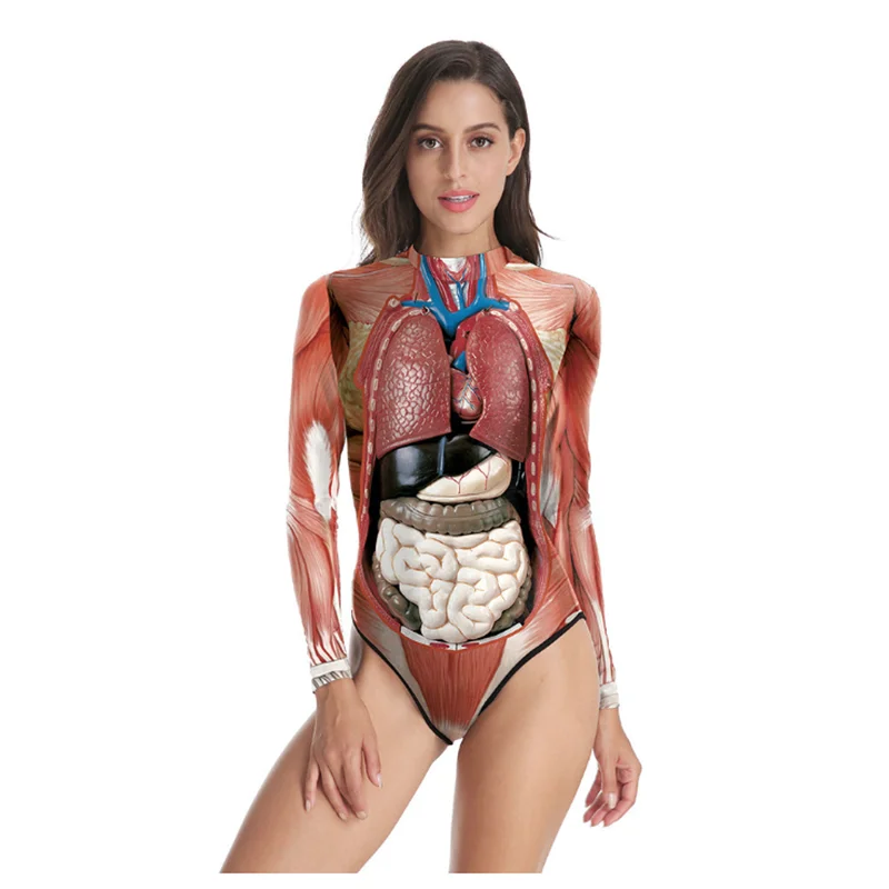 Halloween Night Party Performance Dress Party Human Internal Organs Printed One Piece Bodysuit Triangle Swimwear