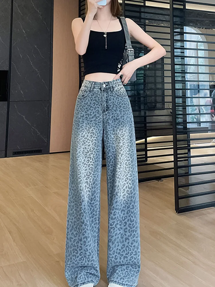 Vintage leopardo impressão jeans feminino cintura alta streetwear casual perna larga calças jeans em linha reta baggy jeans