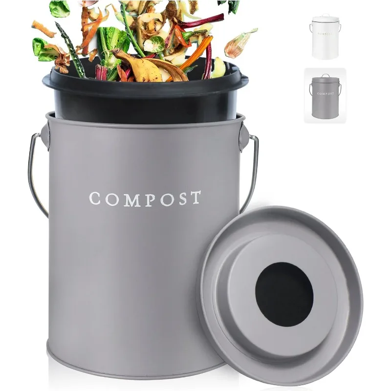 Stainless Steel Indoor Compost Bin Kitchen Odorless 1.3 Gallon - 2 Filters Included, Kitchen Compost Bin Countertop with Lid