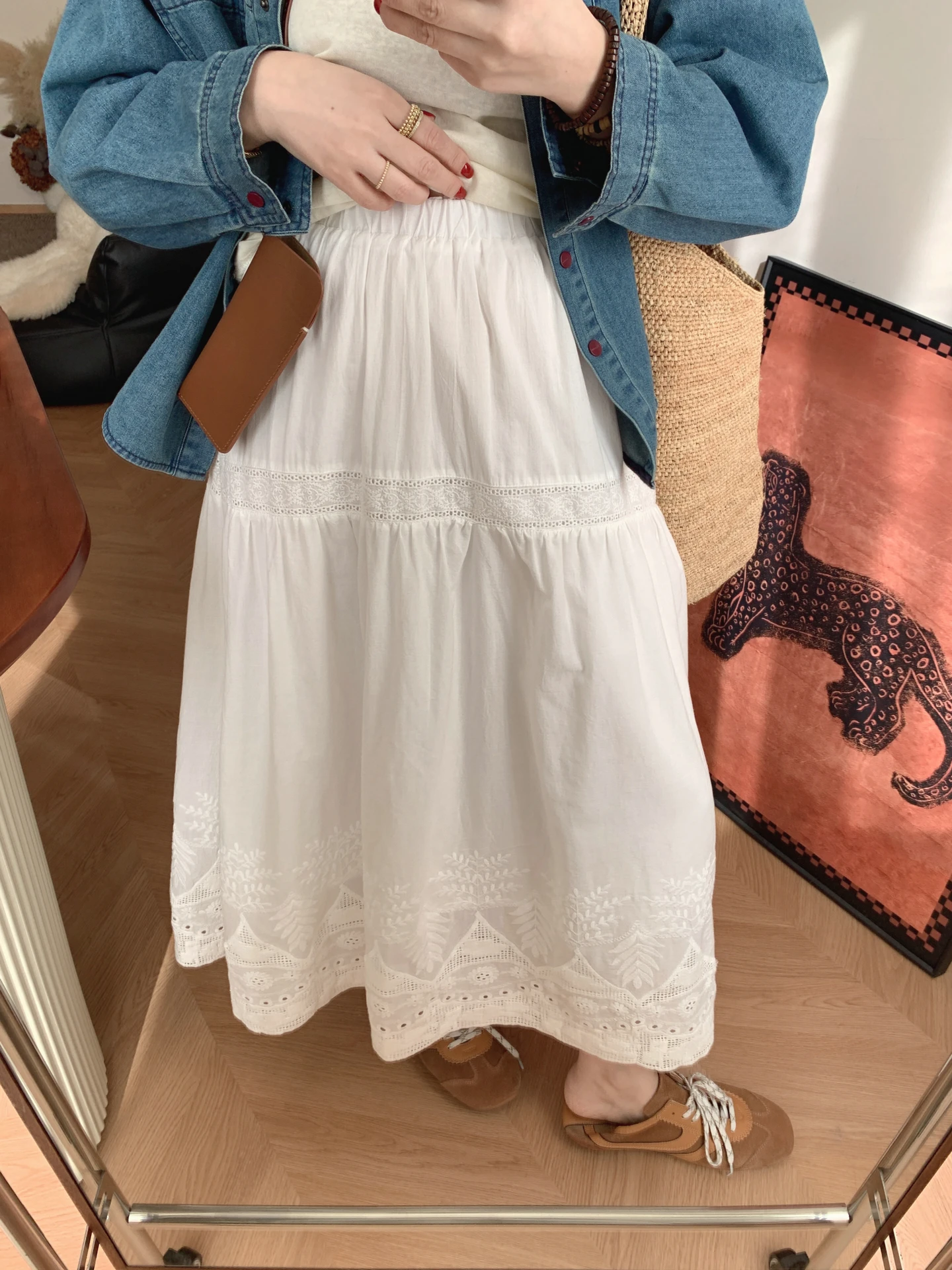 

Spring Korean Sle Simple Embroidered White Lace f Skirt Elastic Waist Pure Cotton Forest System Mid-Length Skirt for Women