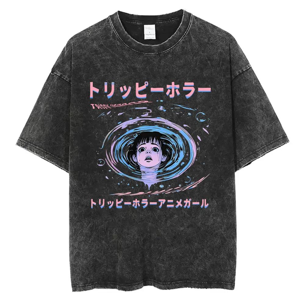 Anime Junji Ito Spirale Uzumaki Kirie Goshima Vintage Washed T-shirt Men Women Manga Gothic Horror T Shirts Unisex Streetwear