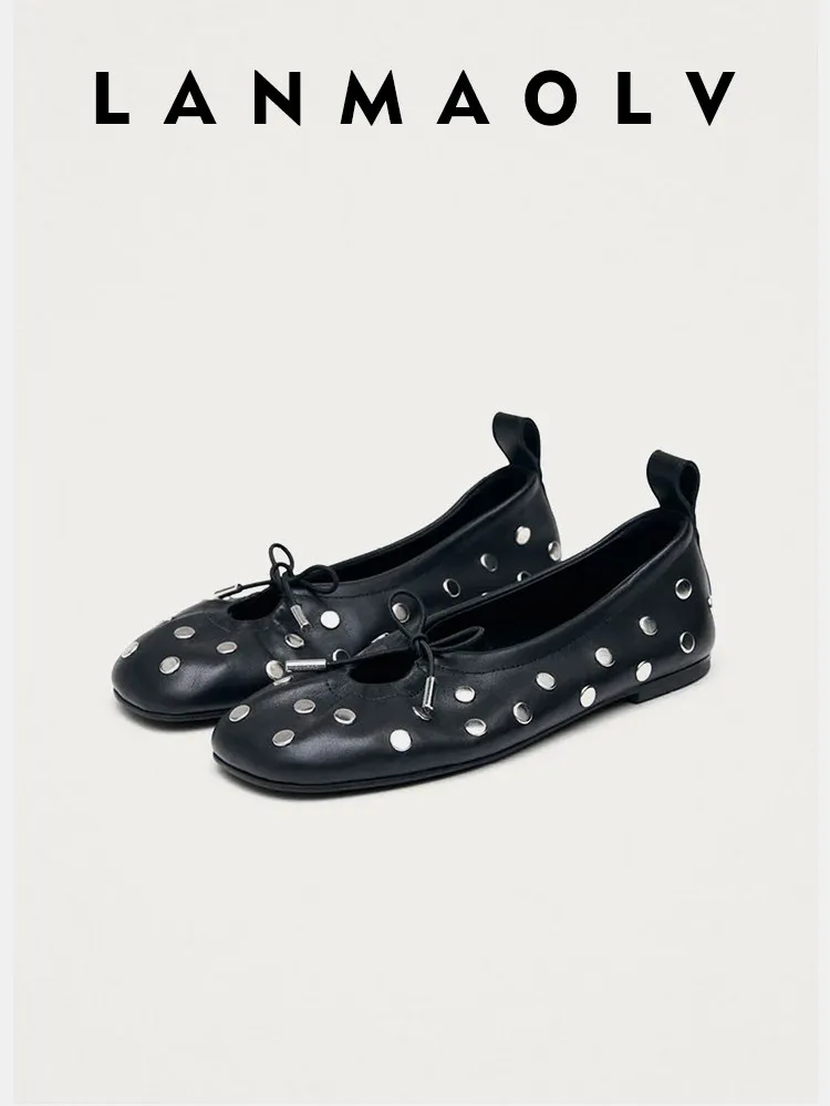 Retro 2026 New Square-Toe Studded Flat Mary Jane Ballet Shoes with Bow and Breathable Cutouts for Women