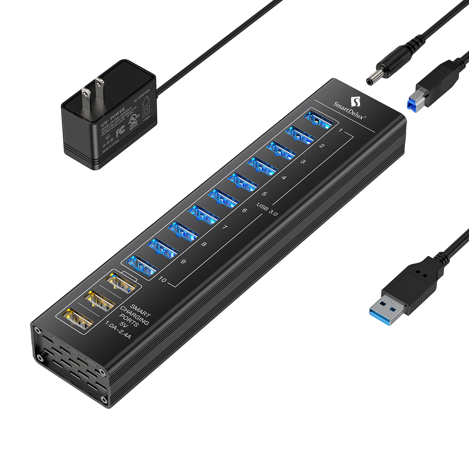 NONE 7/13 Ports USB Hub 3.0 5 Gbit/s Aluminium LED Licht USB A 3.0 Hub Splitter Verlängerung Dock 5V Netzteil für Laptop Desktop 5