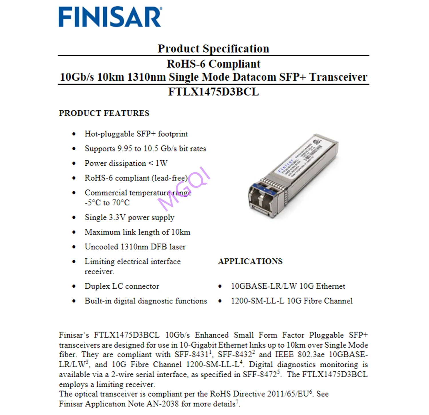 FTLX1475D3BCL/Finisar lc-lc 10G-1310nm-10km transceptor óptico monomodo/interruptor adaptador de red módulo de fibra óptica