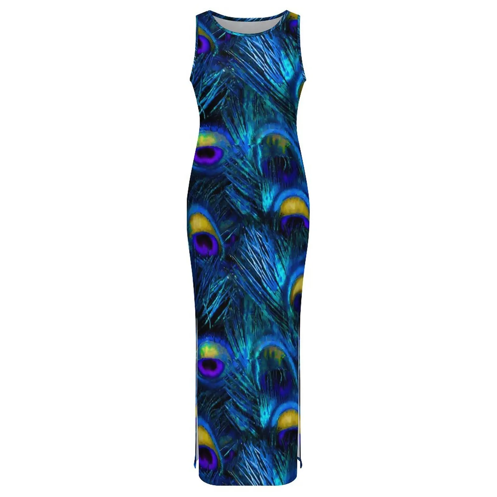 Woman Bodycon Dress Pretty Peacock Feather Maxi Dresses Summer Animal Print Sleeveless Street Wear Graphic Dress Big Size 4XL