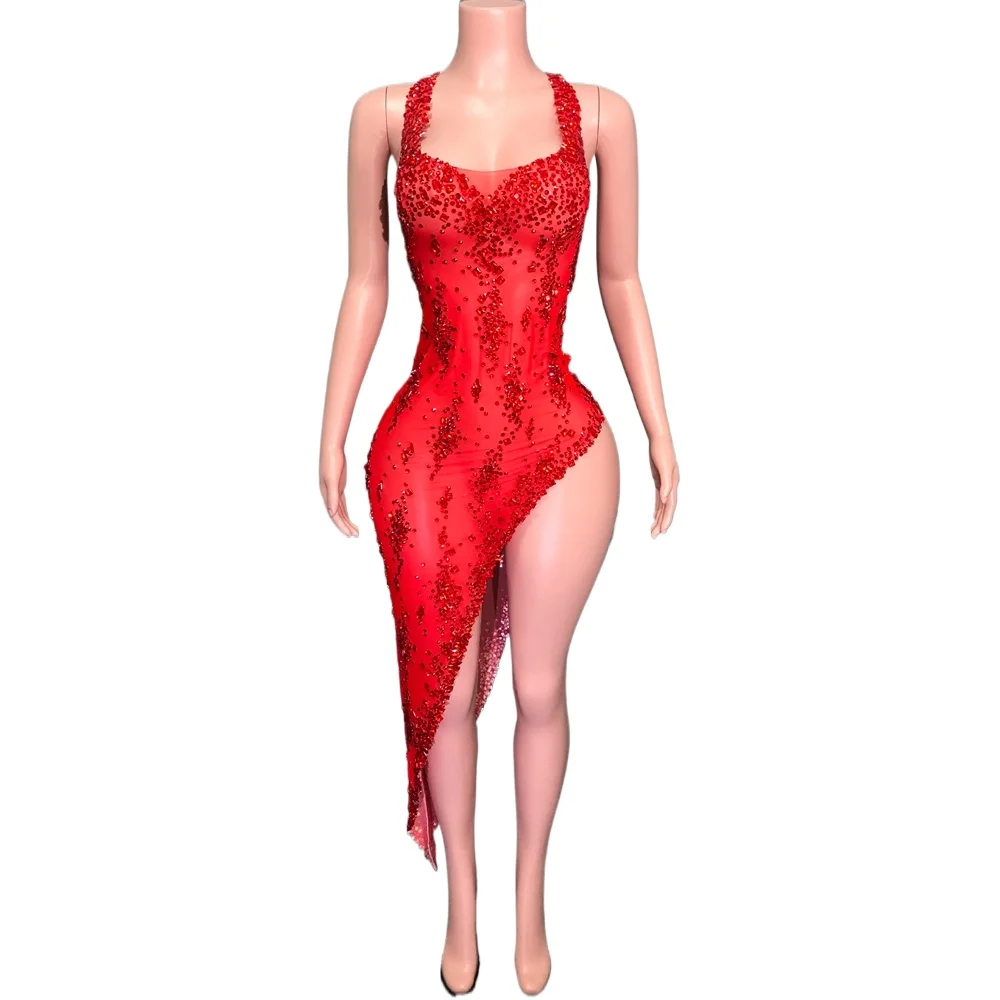 

Sparkly Rhinestones High Split Dress for Women Sexy Mesh See Through Evening Celebrate Wedding Birthday Dress Photo Shoot Wear