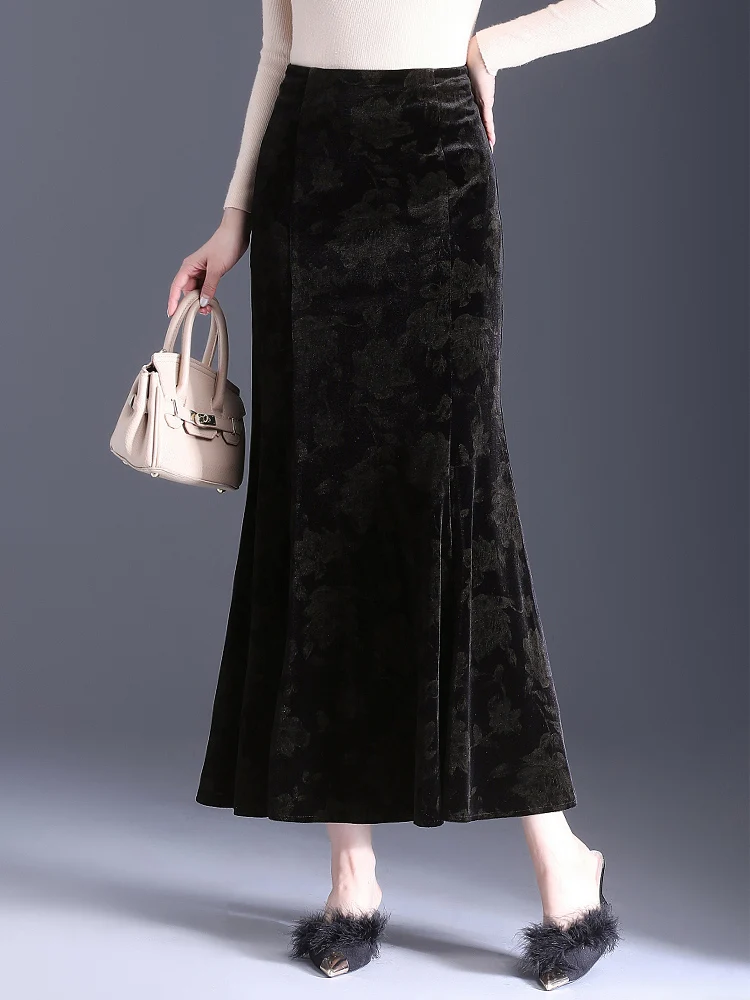 

Fall Winter Velvet Women'S Green Golden Flowers On Black Skirts High Waist Ladies Mermaid S-3XL Ankle Sexy Ruffles Skirt Female