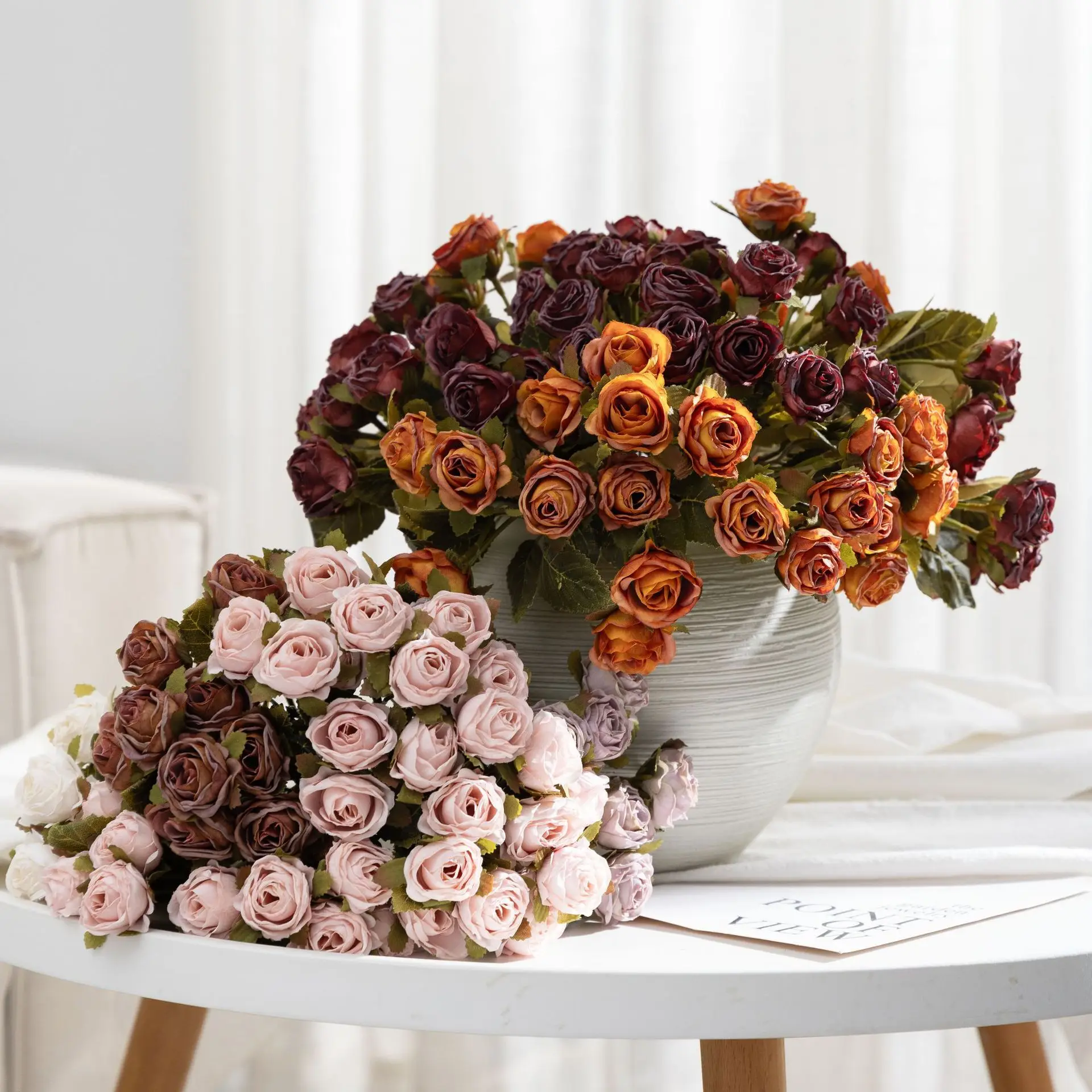 

Vintage Jiaobian Rose Simulation Flower Multi Head Dried Rose Fake Flower Home Living Room Wedding Rose Bouquet Ornament