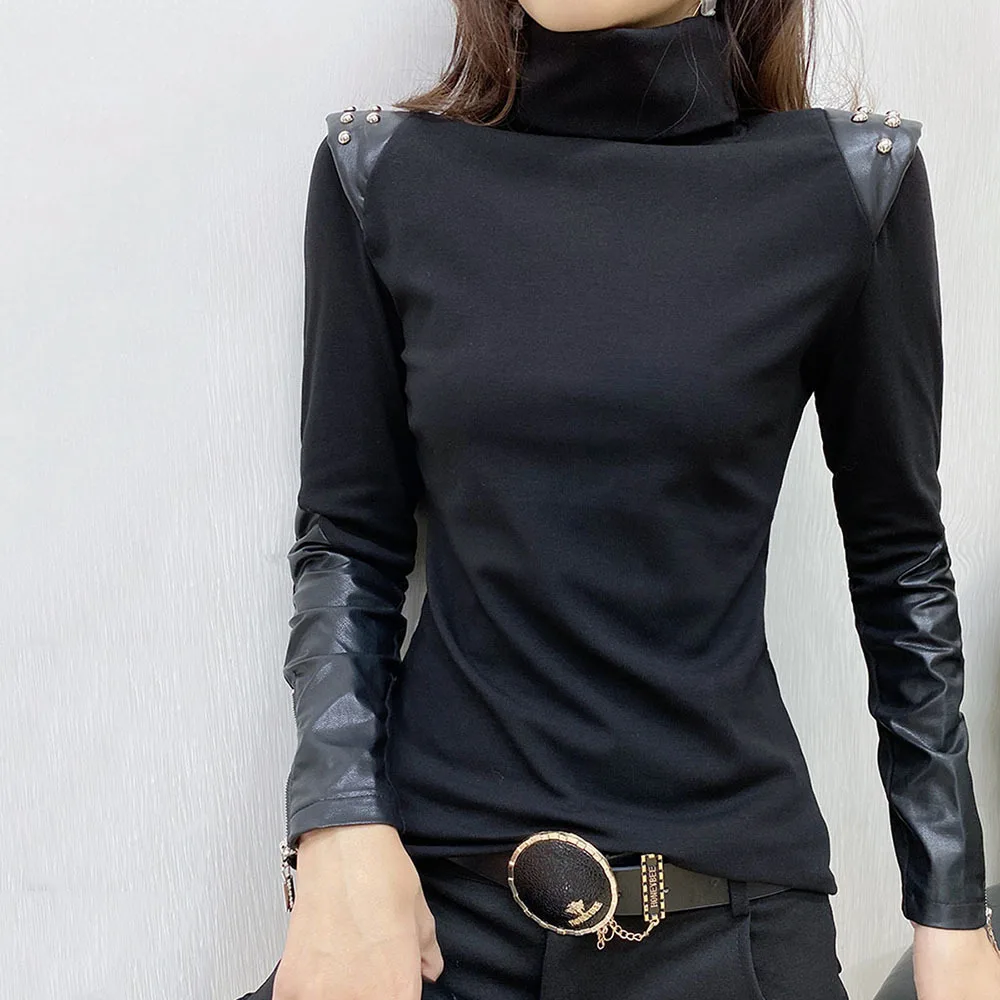 Black Ladies Elegant T-shirts Autumn Winter New Long Sleeve Half High Neck Underlay Shirt Fashion Versatile Leisure Female Tees