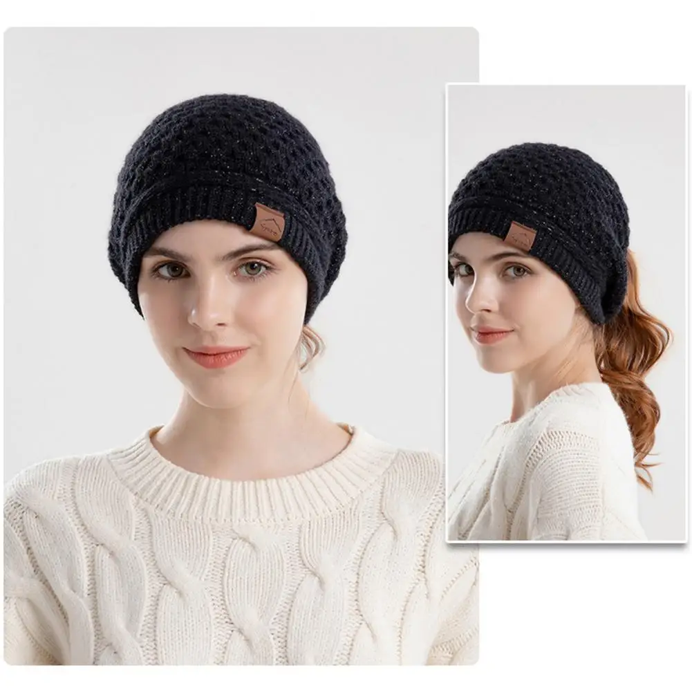 Winter Knit Hat with Ponytail Opening Women Solid Color Knit Hat Cozy Knitted Women's Ponytail Beanie for Outdoor for Camping