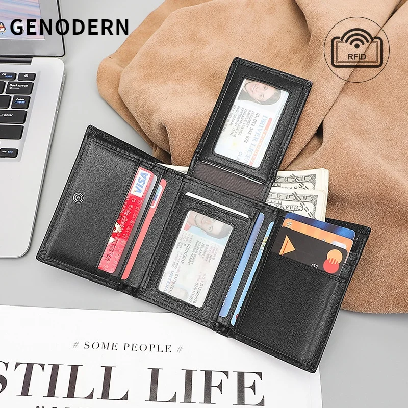 GENODERN Business Men's Leather Wallet Tri-Fold Multi-Card-Slot Wallet US Gold Clip Coin Pocket